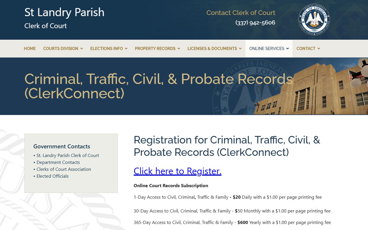 St. Landry Parish ClerkConnect registration page with subscription rates