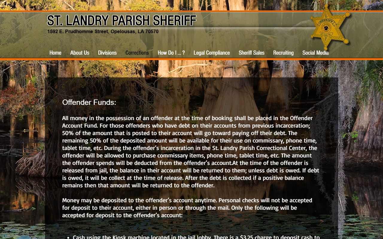 St. Landry Parish Jail inmate funds and commissary deposit methods